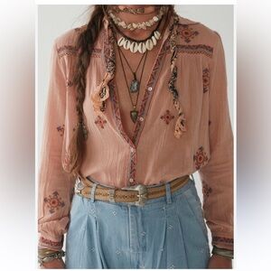 Maison Hotel Embroidered Cotton Blouse - Dusty Pink - Size L